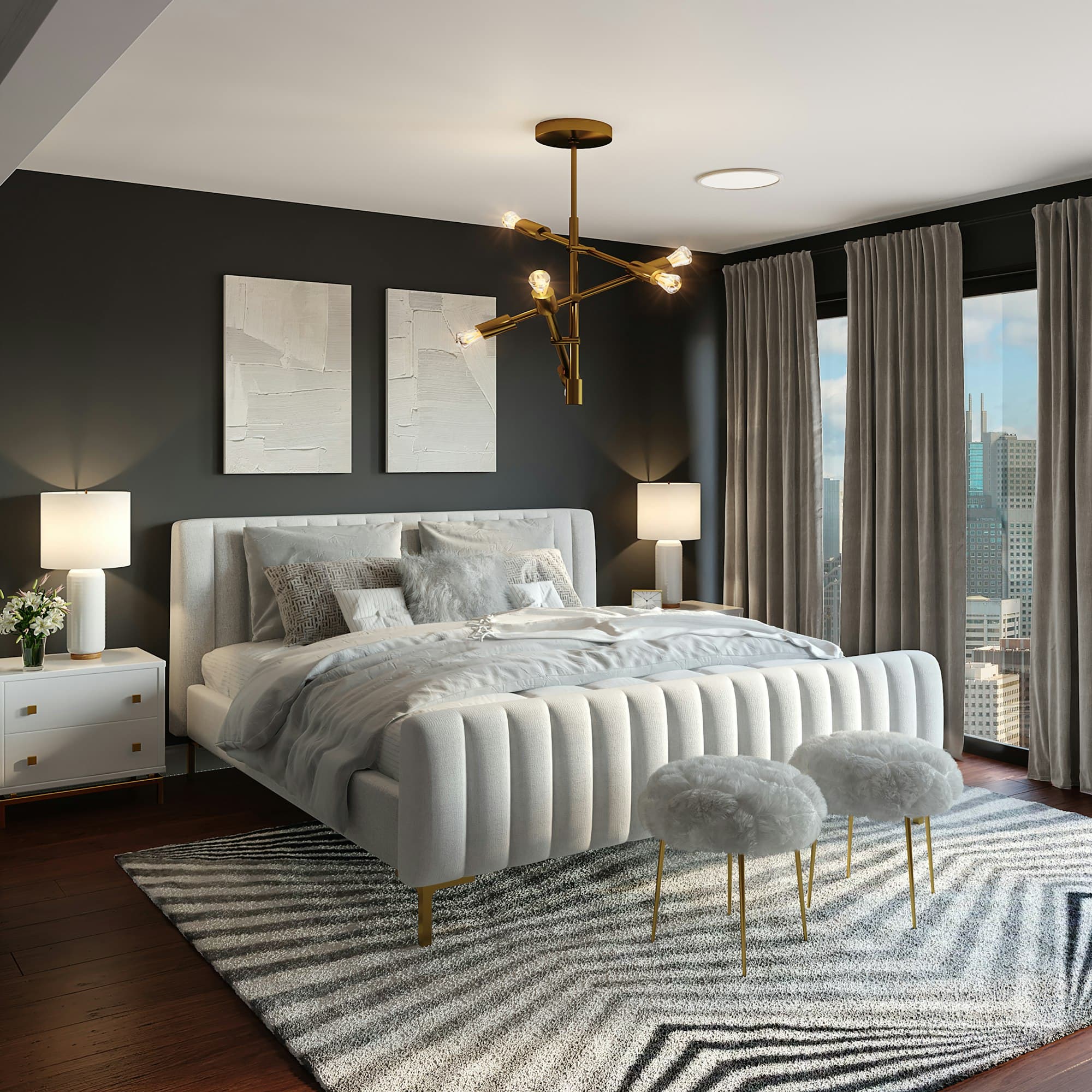Sunlit premium bedroom with a plush white mattress, layered pillows and a soft comforter